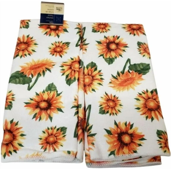 Set Of 2 Same Printed Microfiber Kitchen Towels (15"X25") Sunflowers On White,Gr