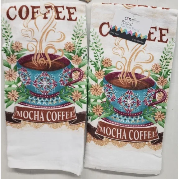 Set Of 2 Same Printed Terry Kitchen Towels(16X26")Hot Coffee Cup,Mocha Coffee,Am