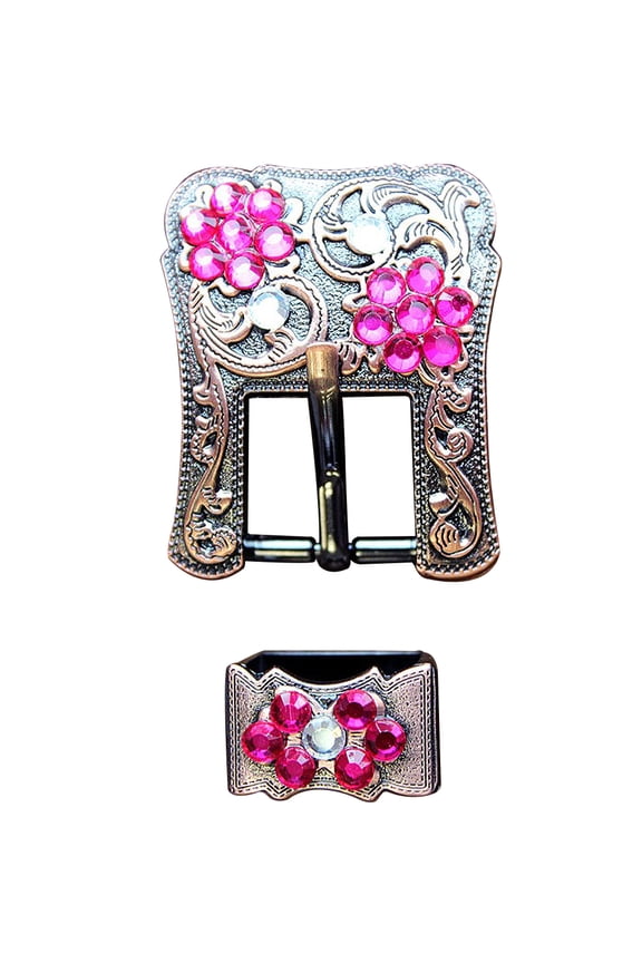 Screw Back Concho Fuschia & Crystal Floral Copper Buckle Set  3/4 Inch