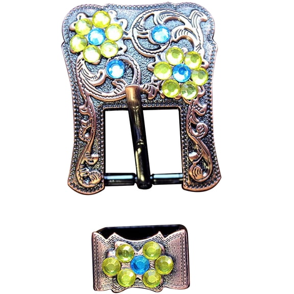 Hilason Screw Back Concho Capri & Lemon Crystal Floral Copper Buckle Set 3/4 Inch