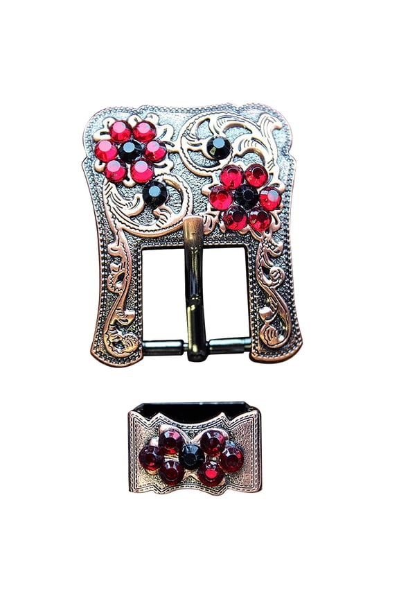 Screw Back Concho Black & Siam Crystal Floral Copper Buckle Set 3/4 Inch