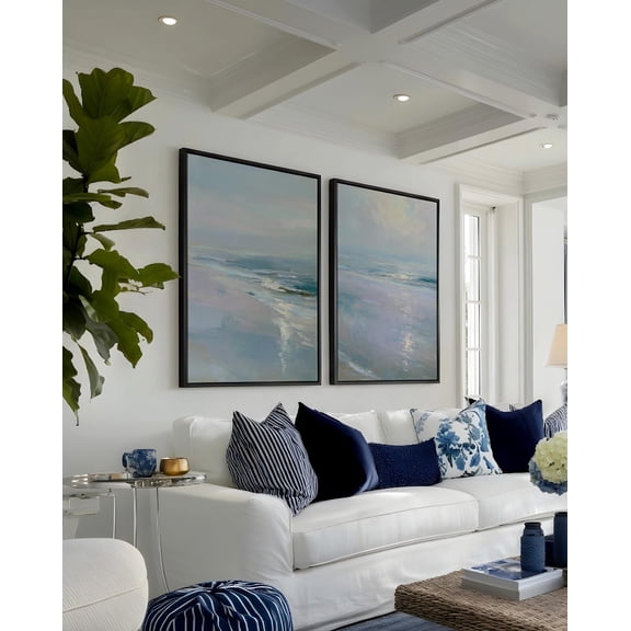 Set Of 2 Seaside Beach House Coastal Wall Art Prints, Ocean Seascape, Hamptons Grandmillennial Cottagecore, Living Room And Bedroom Decor