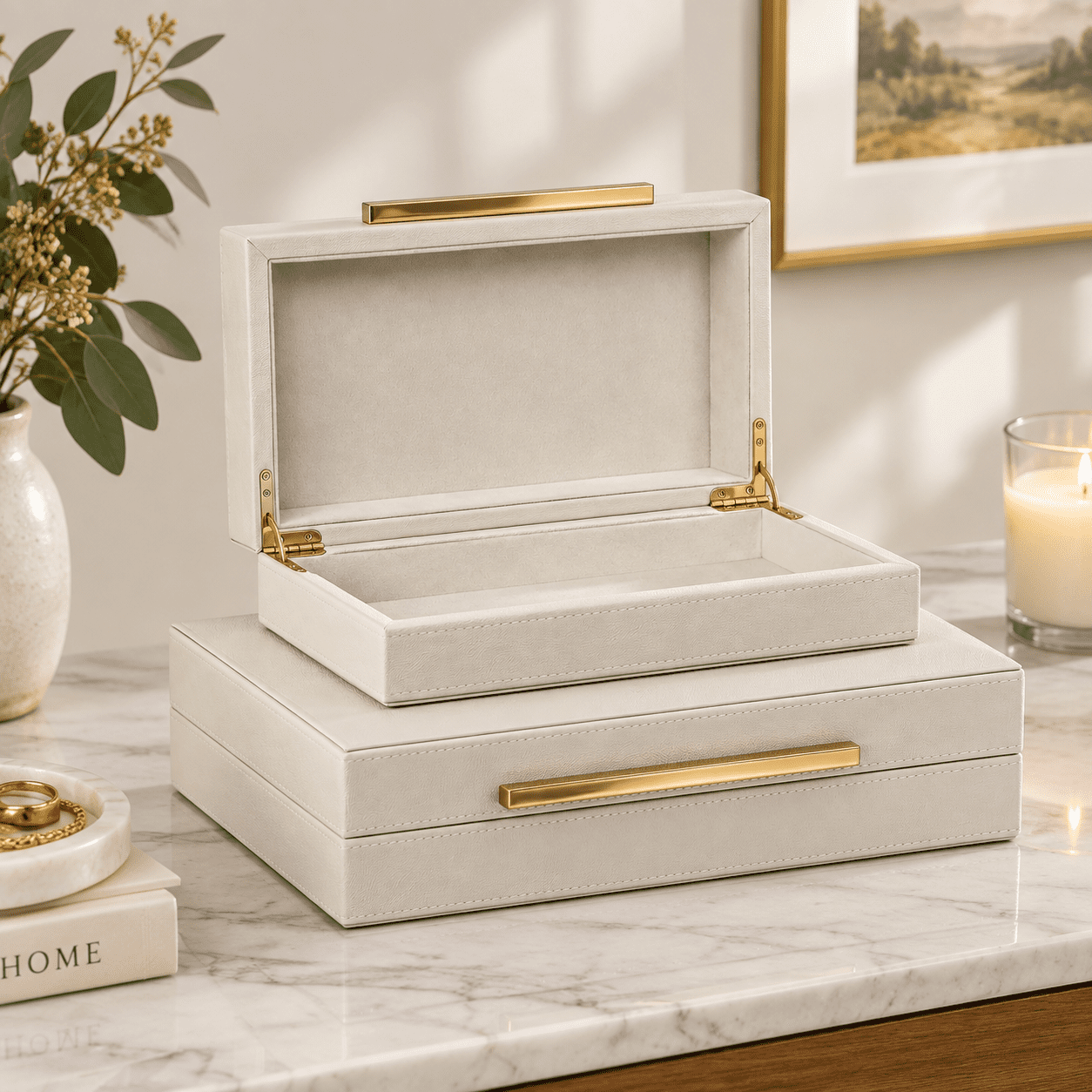 Set Of 2 Shagreen Faux Leather Decorative Storage Boxes With Metal ...