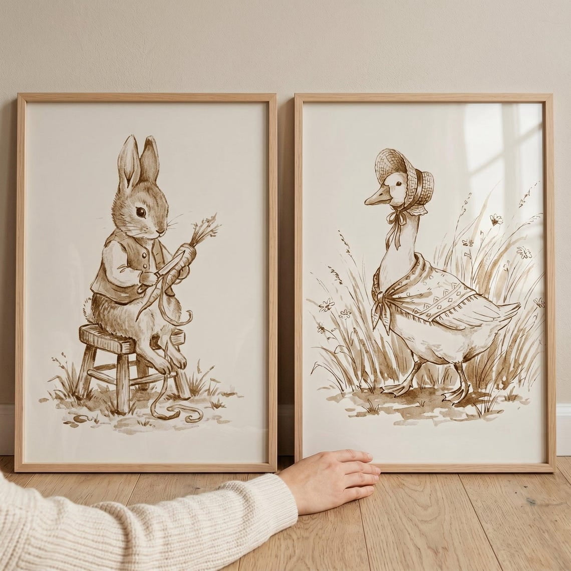 Set Of 2 Sketched Vintage Garden Animal Nursery Wall Art Prints, Rabbit ...