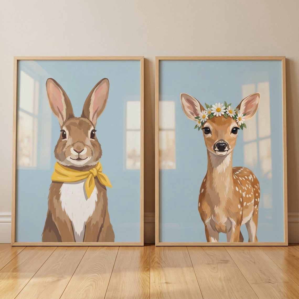 Set Of 2 Soft Blue Woodland Animal Wall Art Prints, Bunny And Deer ...