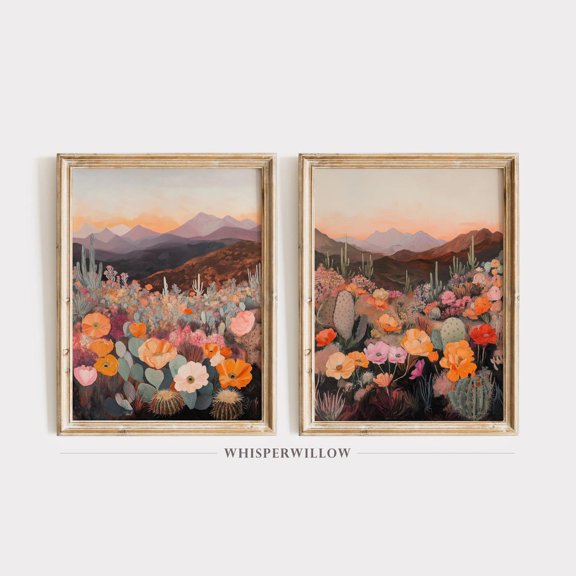 Set Of 2 Southwestern Floral Desert Sunset Wall Art Prints, Boho Flower Cactus Landscape, Botanical Bedroom And Living Room Decor