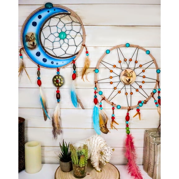 Set Of 2 Southwestern Moon Gray Wolf Feather Wall Dreamcatchers