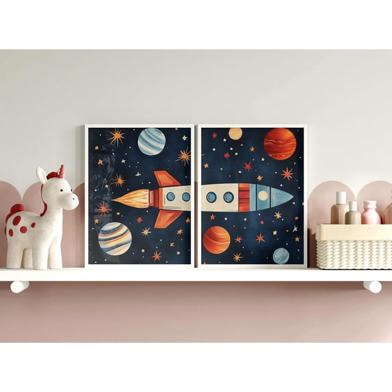 Space Rocked Explodes Set Of 2 Space Rocket Wall Art Prints, Travel, Retro Children Friendly ...