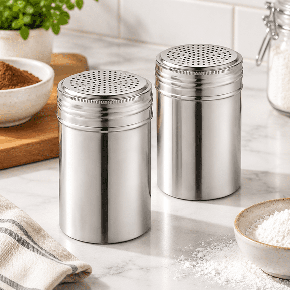 Set Of 2 Stainless Steel Dredge Shakers, No Handle, 10 Ounce Capacity For Seasonings