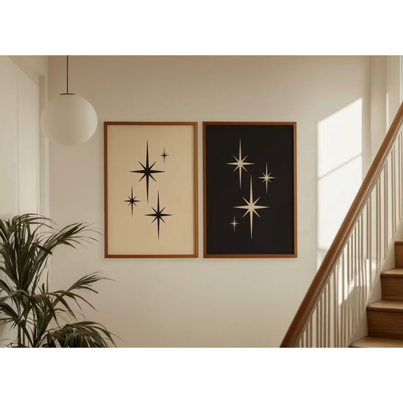 Set Of 2 Starburst Retro Atomic 70S Style Mcm Wall Art Prints, Living Room And Gallery Wall Decor