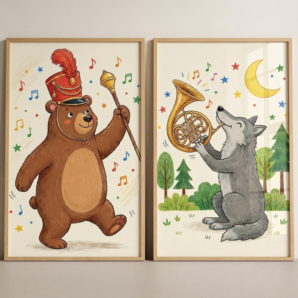 Set Of 2 Storybook Musical Woodland Animals Nursery Wall Art Prints ...