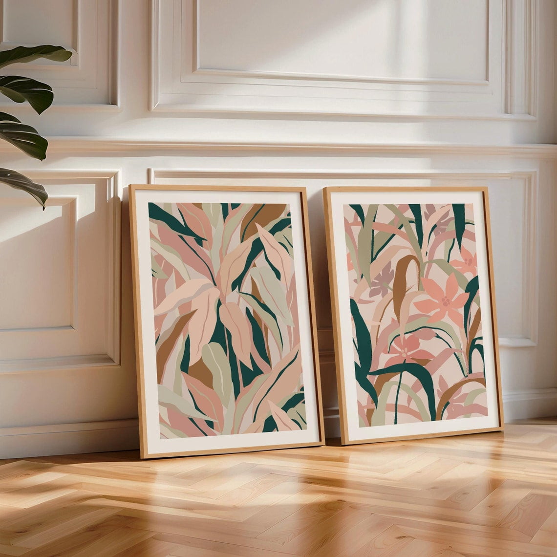 Set Of 2 Tropical Botanical Blush Pink And Green Leaves Wall Art Prints ...