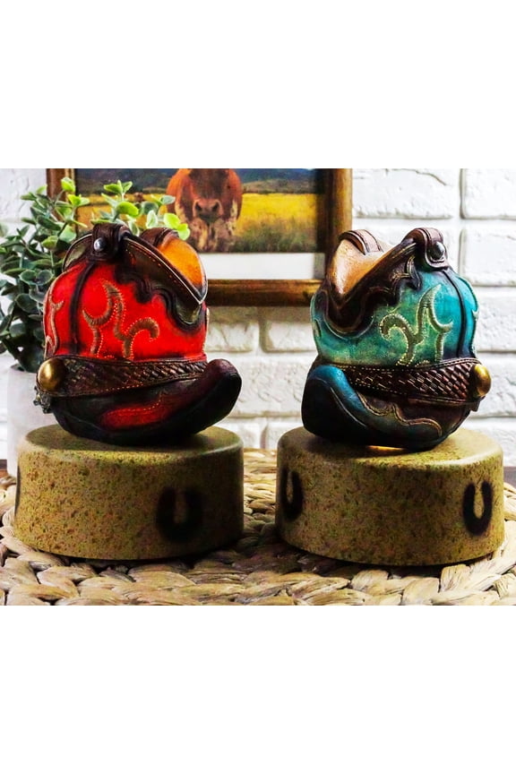 Set Of 2 Turquoise And Maroon Western Cowboy Pair of Boots Mini LED Night Lights
