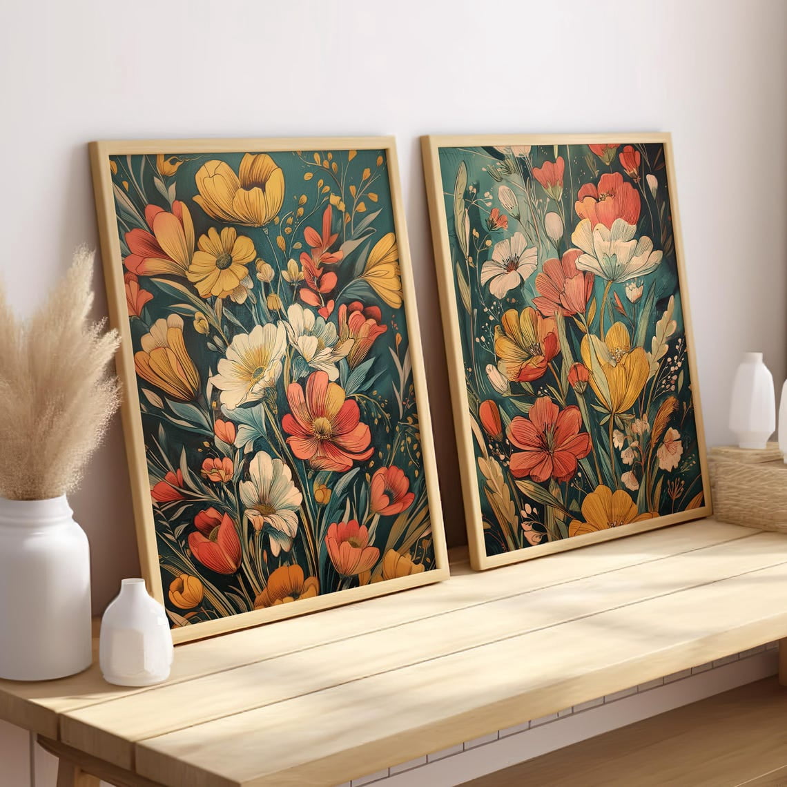 Set Of 2 Vintage Boho Wildflowers Wall Art Prints, Mid Century Floral ...