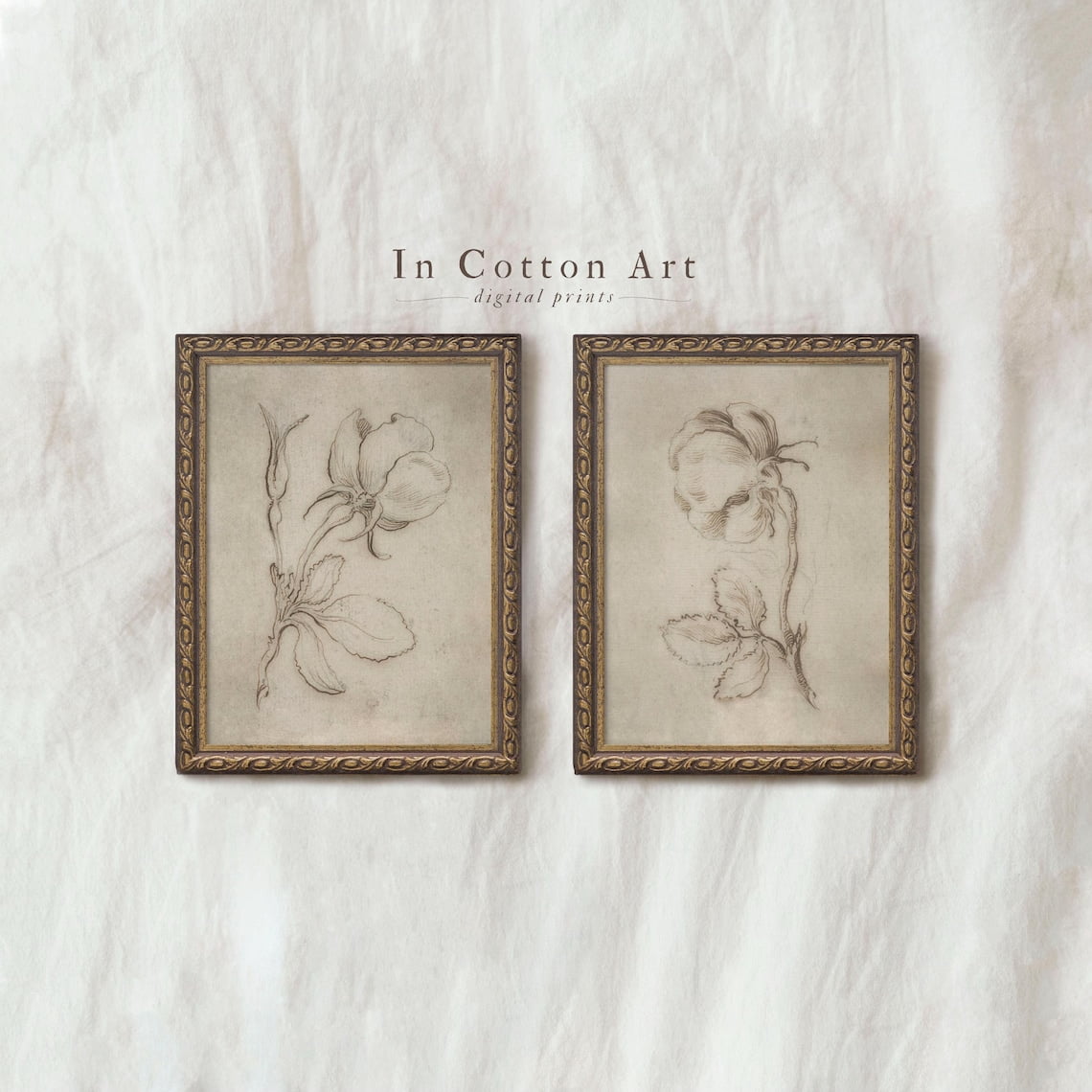 Set Of 2 Vintage Botanical Wall Art Prints, Antique Flower Sketch ...