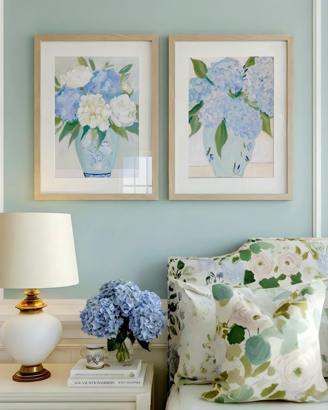 Set Of 2 Vintage Chinoiserie Floral Wall Art Prints, Blue Hydrangea ...
