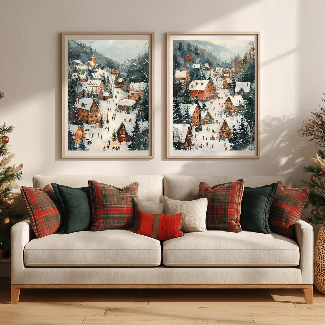 Set Of 2 Vintage Christmas Village Wall Art Prints, Winter Snow Scene ...