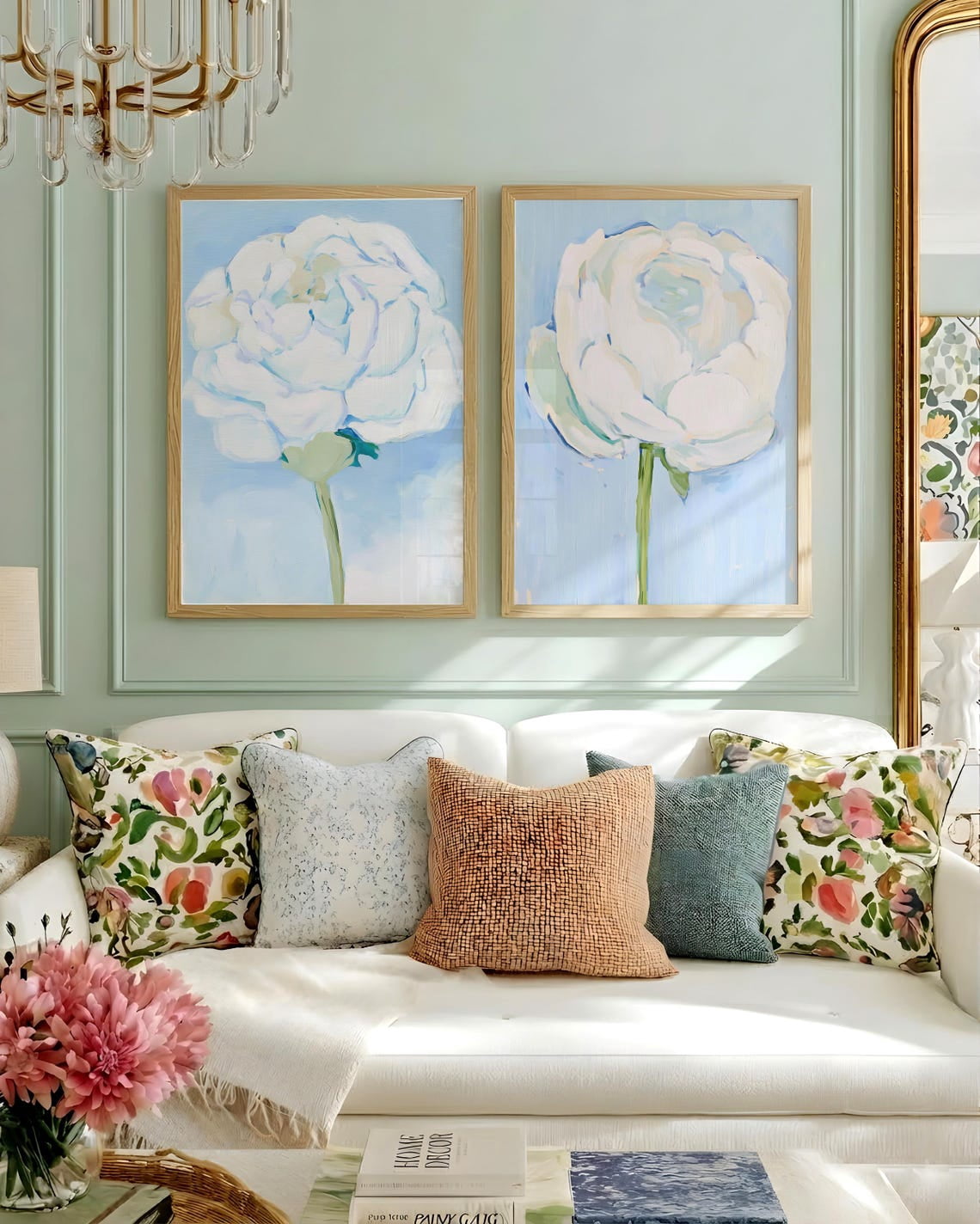 Set Of 2 Vintage English Floral Wall Art Prints, White Ranunculus ...