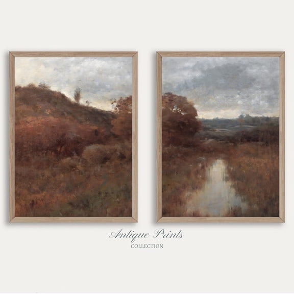 Set Of 2 Vintage Fall Wall Art Prints, Autumn Countryside, Farmhouse, Landscape Split, Seasonal Living Room And Home Decor