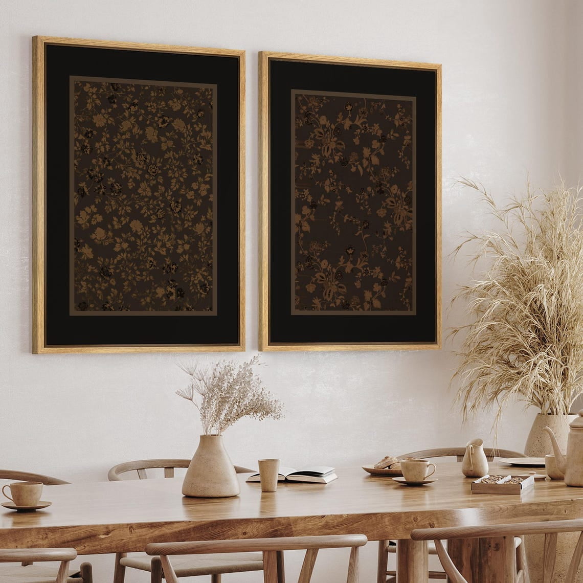 Set Of 2 Vintage Floral Wall Art Prints, Dark Botanical, Brown And ...