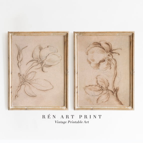 Neutral Roses Printable Set Of 2 Vintage Neutral Wall Art Prints, Antique Flowers, Drawing ...