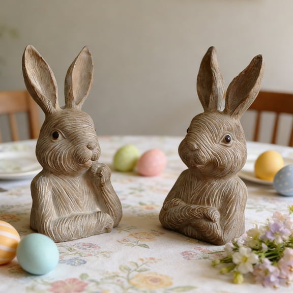 Set Of 2 Vintage Solid Resin Bunny Bust Figurines Faux Wood Textured Rabbit Statues For Spring Easter Tabletop Shelf Home Decoration