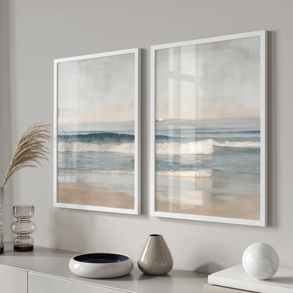 Set Of 2 Wave Wall Art Prints, Seaside Coastal, Minimalist Ocean Images, Sand, Living Room And Gallery Wall Decor