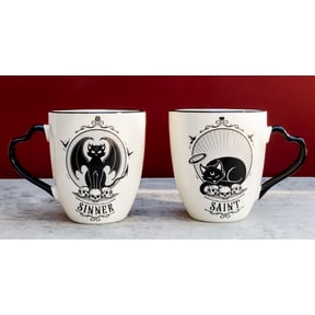 Set Of 2 Wicca Witching Hour Angel Saint Or Sinner Devil Cats Porcelain Mugs