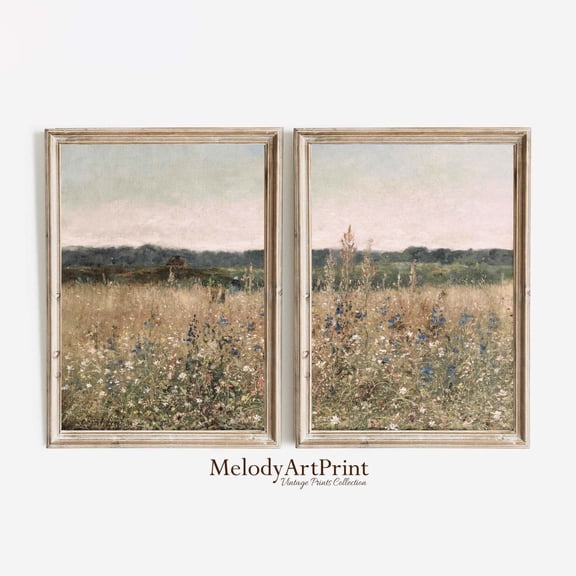 Set Of 2 Wildflower Field Vintage Wall Art Prints, Country, Landscape, Neutral Split, Farmhouse, Living Room And Gallery Wall Decor