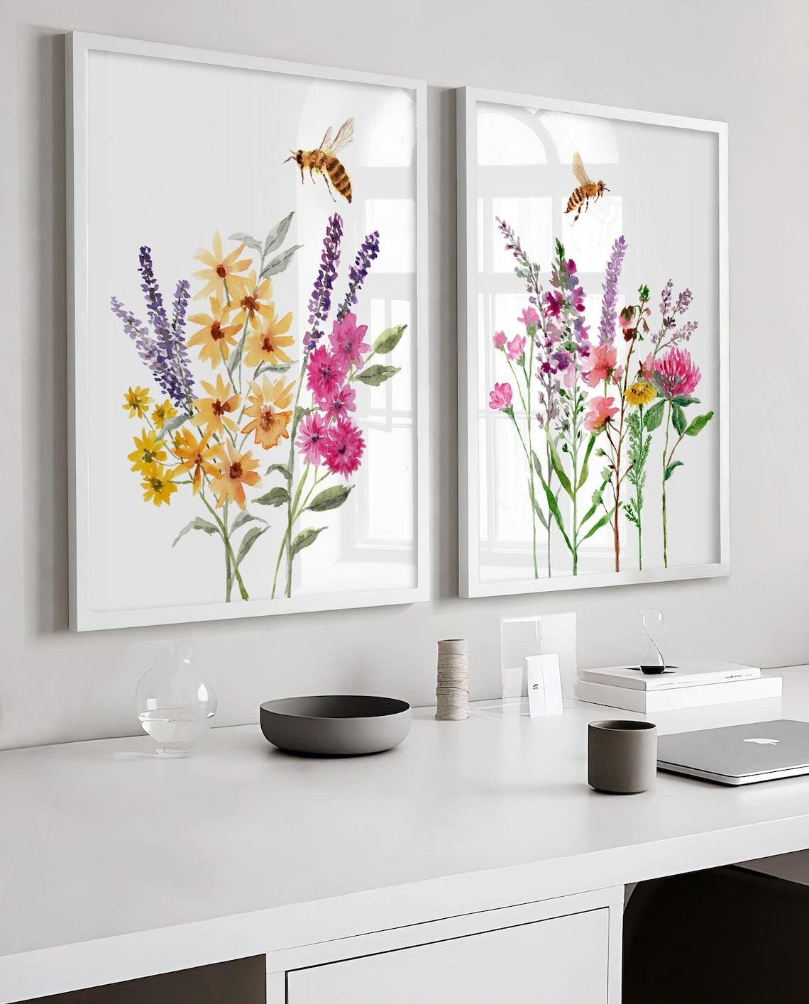 Set Of 2 Wildflowers Honey Bee Honeybee Botanical Flowers Wall Art ...