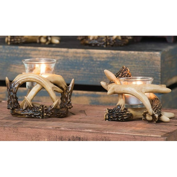 Set Of 2 Wildlife Rustic Buck Deer Stag Entwined Antlers Votive Candle Holders