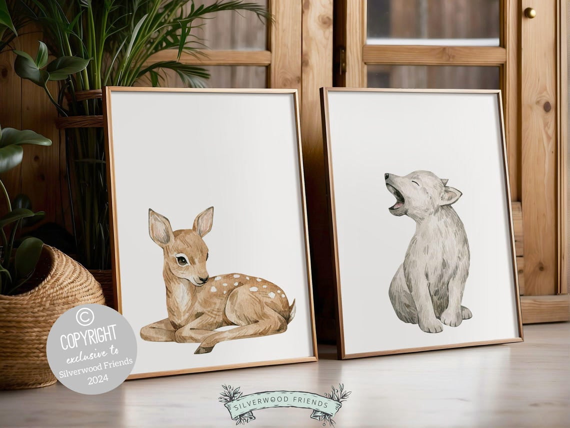 Set Of 2 Woodland Animal Wall Art Prints, Forest Baby, Deer Wolf ...