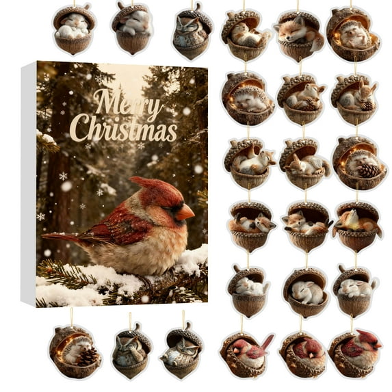Set Of 24 Forest Animal Acorn Ornaments, 24 Days Advent Calendar Christmas Tree Ornaments, 2d Acrylic Hanging Ornament Home Party Décor