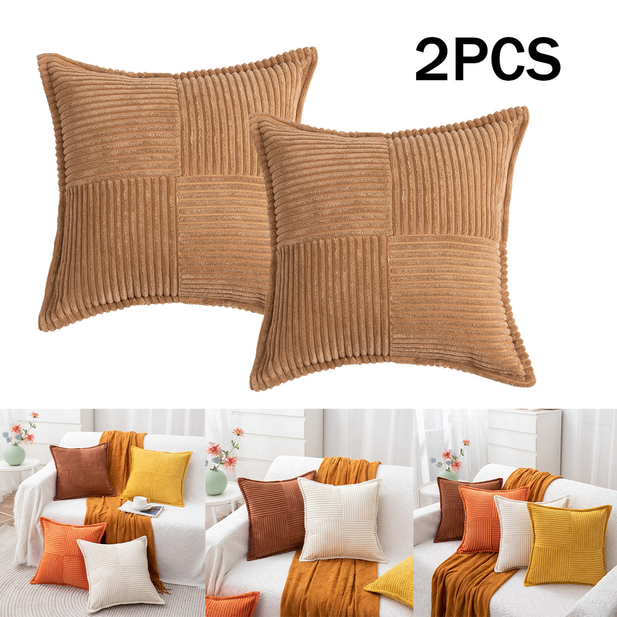 Set Of 2PCS Corduroy Cushion Cover Solid Color Decorative Pillows for