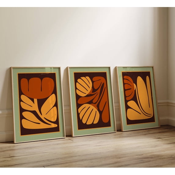 Set Of 3 70S Retro Botanical Wall Art Prints, Abstract Mid Century ...