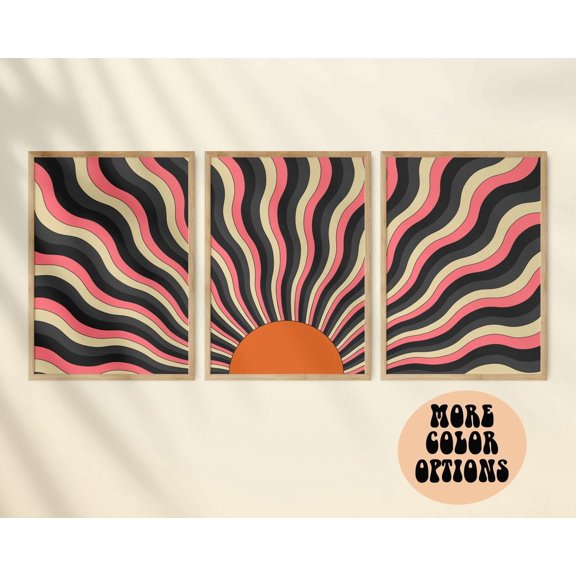 Set Of 3 70S Sun Retro Wall Art Prints, Study Room, Office And Gallery Wall Decor