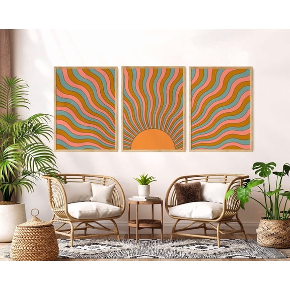 Set Of 3 70S Sun Terracotta Retro Wall Art Prints, Study Room, Office And Gallery Wall Decor