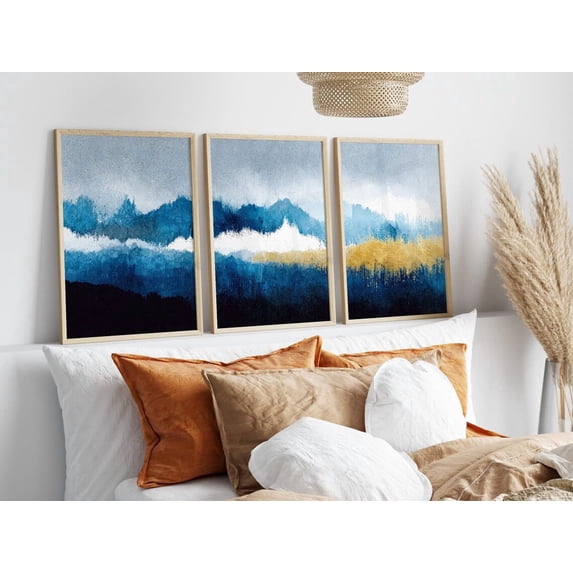 Set Of 3 Abstract Blue Wall Art Prints, Modern Contemporary Elegant ...