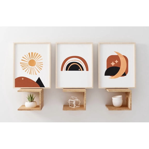 Set Of 3 Abstract Contemporary Print Rainbow Diy Sun Moon, Stretched Canvas