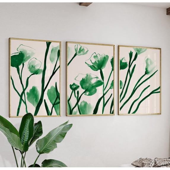 Set Of 3 Abstract Green Floral Wall Art Prints, Minimal Botanical ...
