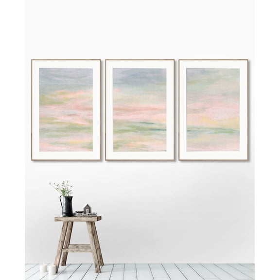 Set Of 3 Abstract Landscape Pastel Wall Art Prints, Blush Pink And Green Lake Sunset Sky Calming, Living Room And Gallery Wall Decor