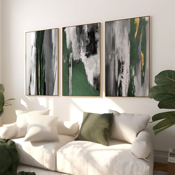 Set Of 3 Neutral Green Abstract Wall Art Prints, Sage, Beige, Living ...