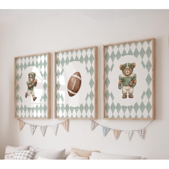 Set Of 3 American Football Bear Sportss Modern Boy Nursery Wall Art Prints, Bedroom, Nursery And Playroom Decor