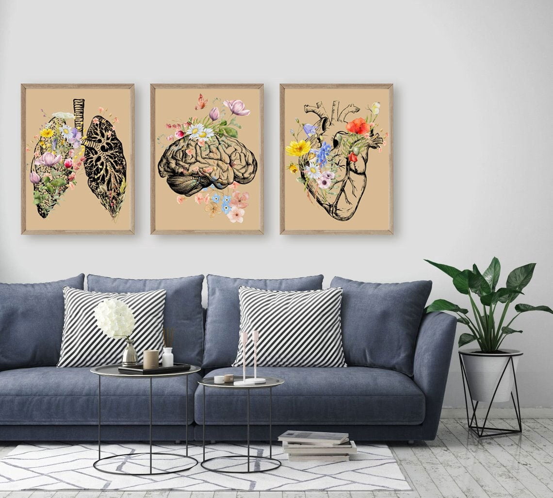 Set Of 3 Anatomy Doctor Flowers Human Heart Lungs Brain Medical Student ...