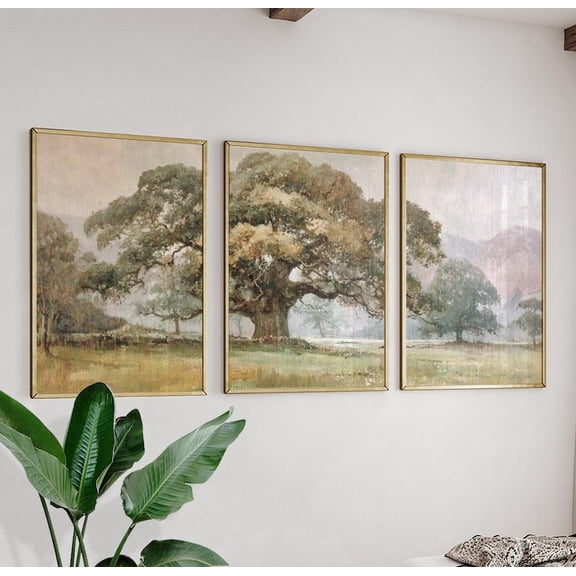 Set Of 3 Ancient Oak Tree Landscape Wall Art Prints, Muted Tan, Vintage Pastoral Triptych, Living Room And Gallery Wall Decor
