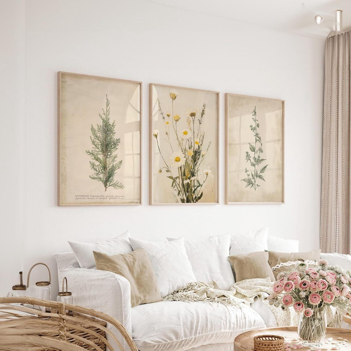 Set Of 3 Antique Wildflower Wall Art Prints, Vintage Botanical, Neutral ...
