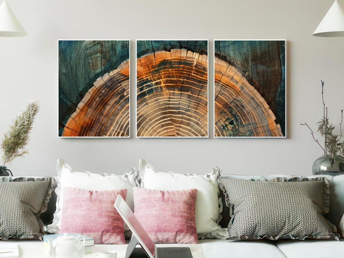 Set Of 3 Arts Faux Charred Timber Triptych Rustic Nordic Tree Ring Dark ...