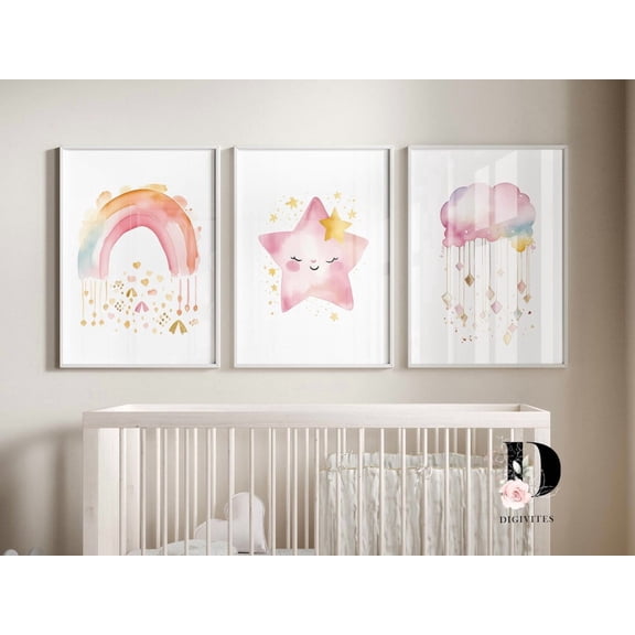 Set Of 3 Baby Girl Pink Blush Cloud Rainbow Boho Wall Art Prints, Nursery And Gallery Wall Decor