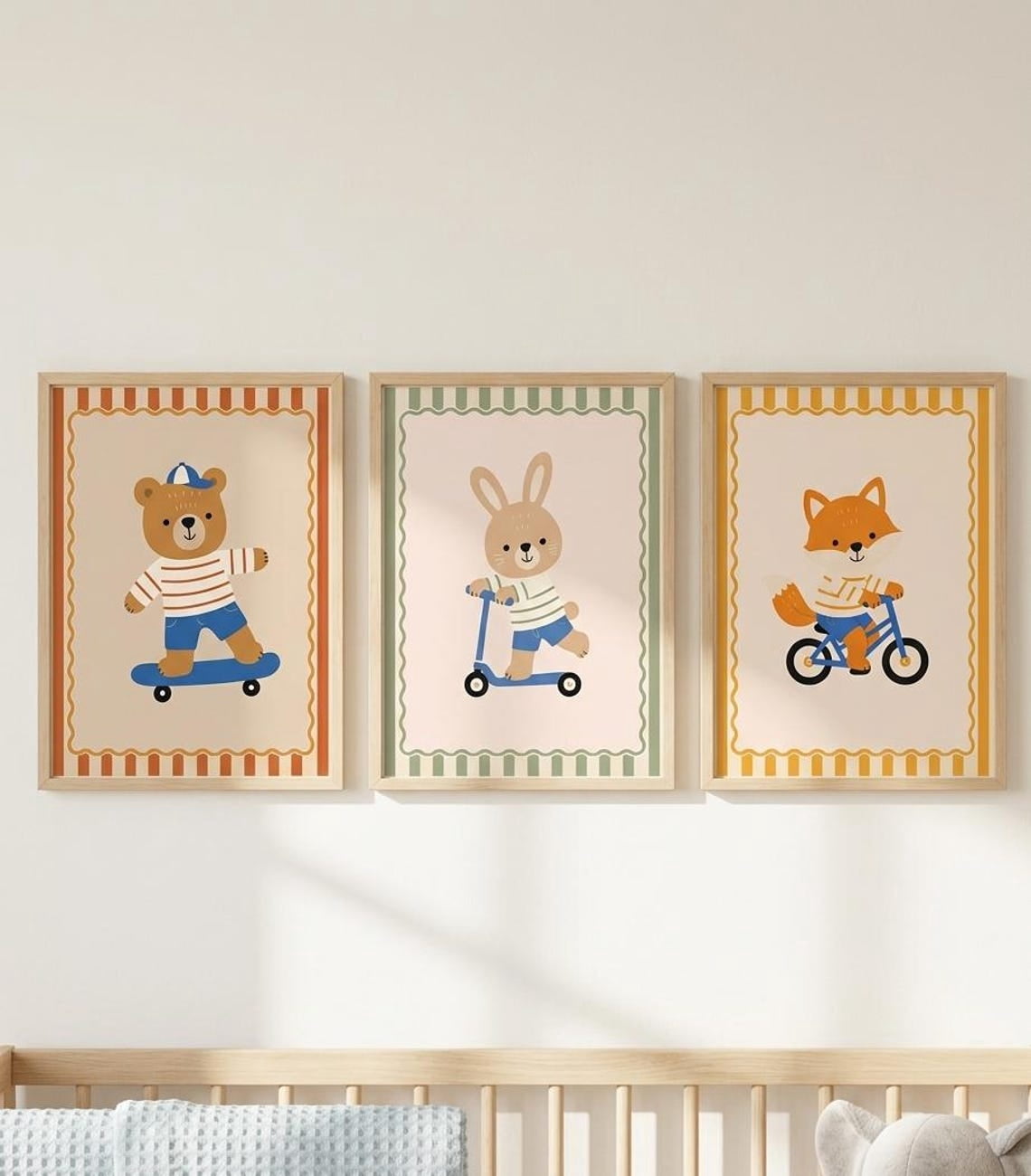 Set Of 3 Bear Bunny Fox Wall Art Prints, Woodland Animal, Neutral Baby ...
