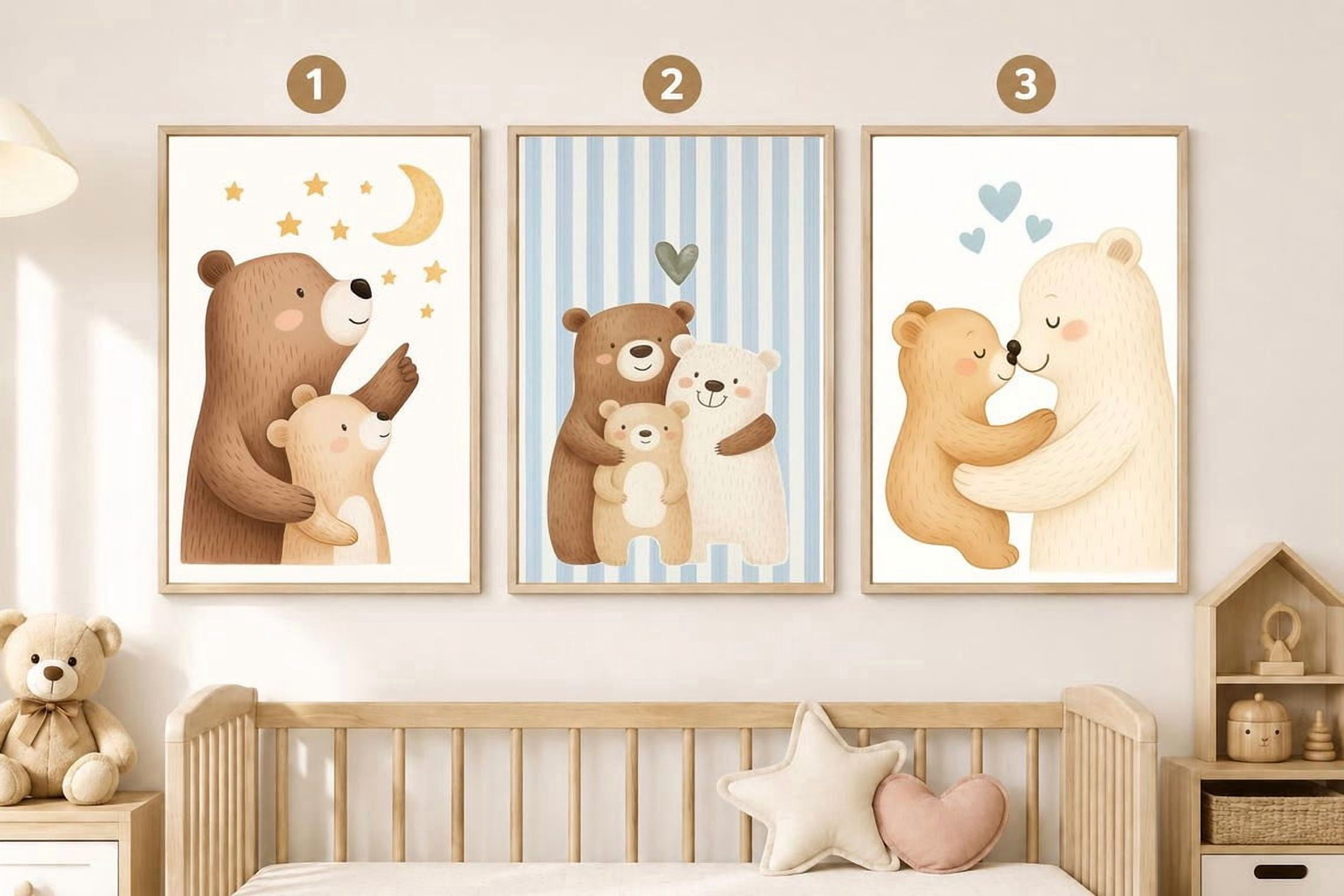 Set Of 3 Bear Family Wall Art Prints, Cute Woodland Animal For Baby ...